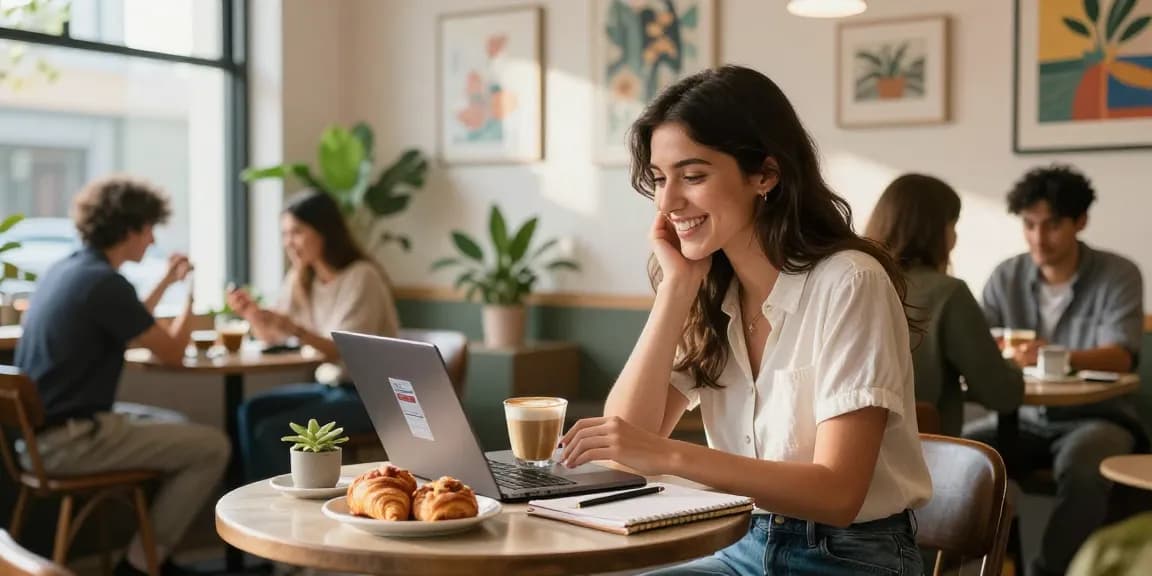 Young woman expressing joy while using dating app in café, exploring the crush on connections.