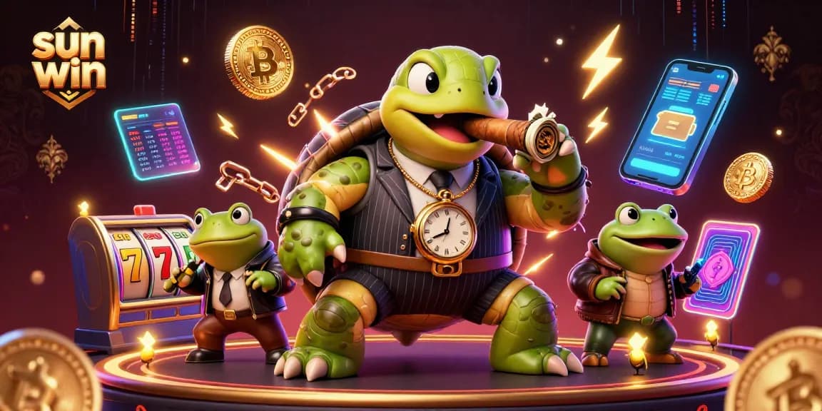 Experience thrilling gameplay at sun win with animated turtles and vibrant neon casino elements.