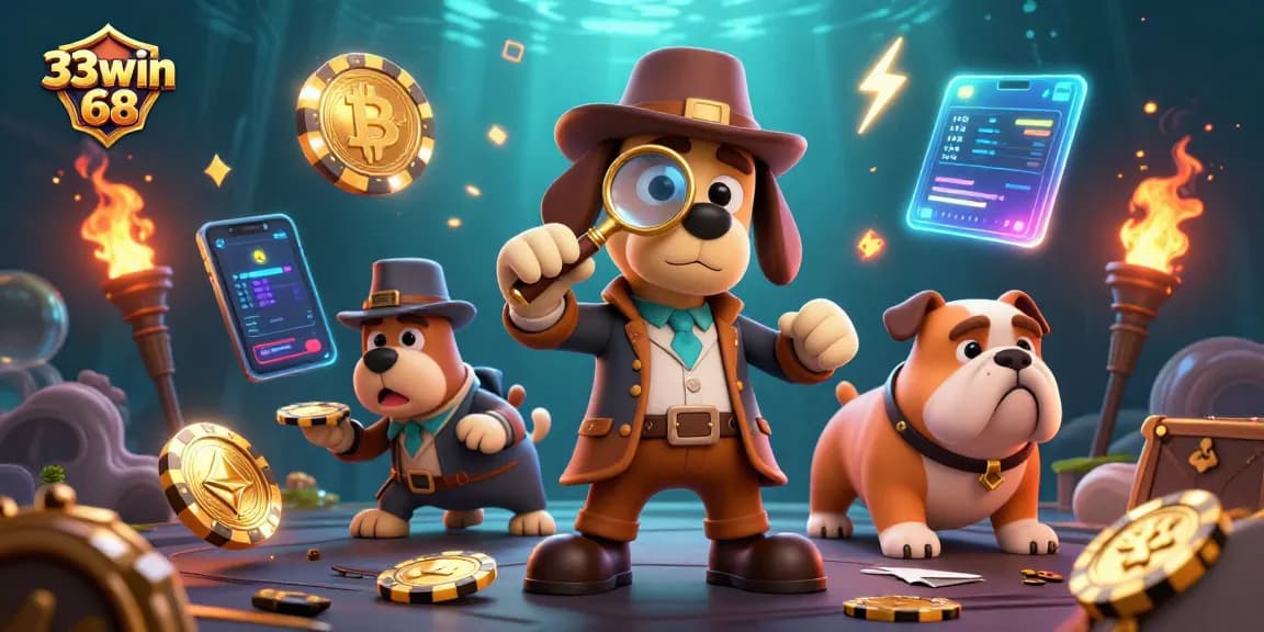 Play exciting games at 33win 68, featuring a detective and vibrant casino elements.