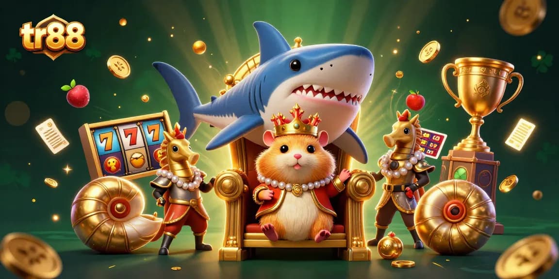 Engage with tr88's thrilling slots featuring a golden hamster king amid dynamic casino elements.