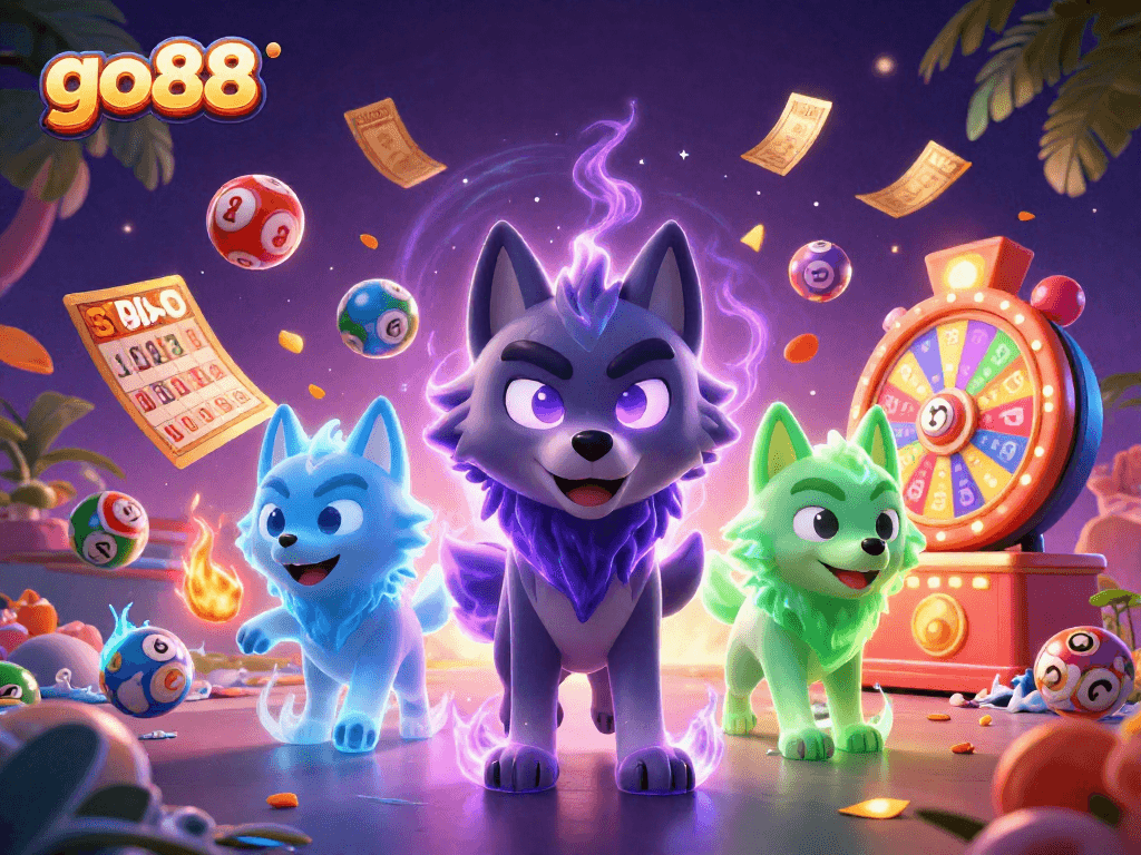 Engage in thrilling gameplay with go88's dynamic lottery scene featuring magical wolf characters.