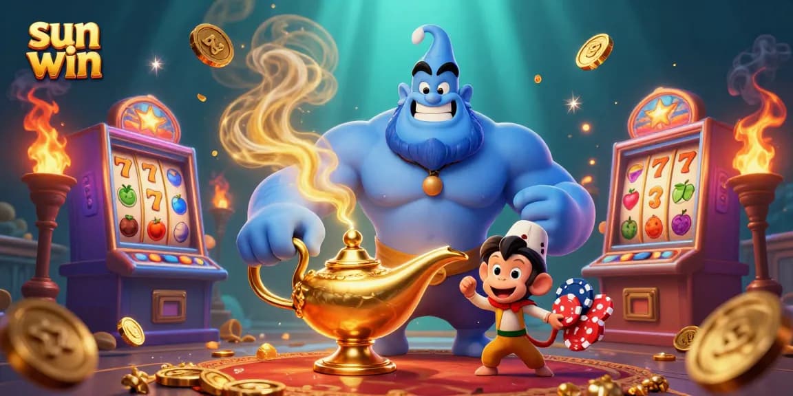 Experience thrilling sun win moments with a playful genie and cheeky monkey amid vibrant slot machines.