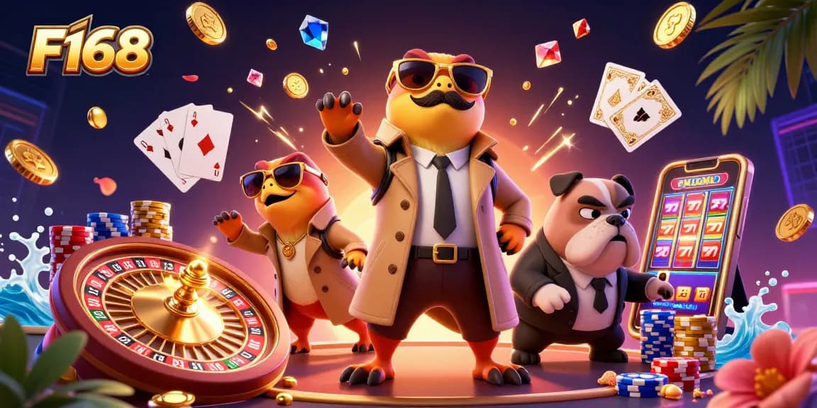 F168 raptors in trench coat enter VIP casino, while bouncer bulldog scrutinizes them.
