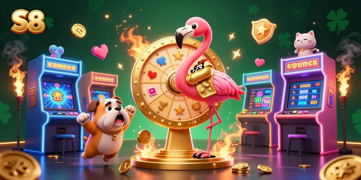 Spin the S8 prize wheel with an exciting bulldog contestant and scoreboard assistant, showcasing thrilling casino gaming.