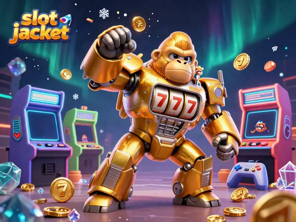 Spin to win jackpots with a vibrant 3D illustration of a golden gorilla mech amidst colorful arcade games, highlighting slot jackpot excitement.