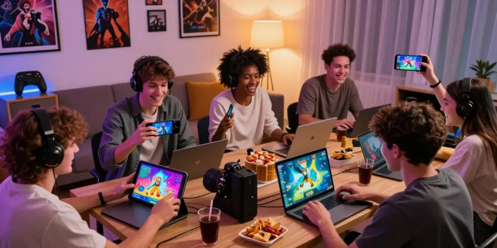 rokok88 players enjoying diverse digital games on various devices in a vibrant living room.
