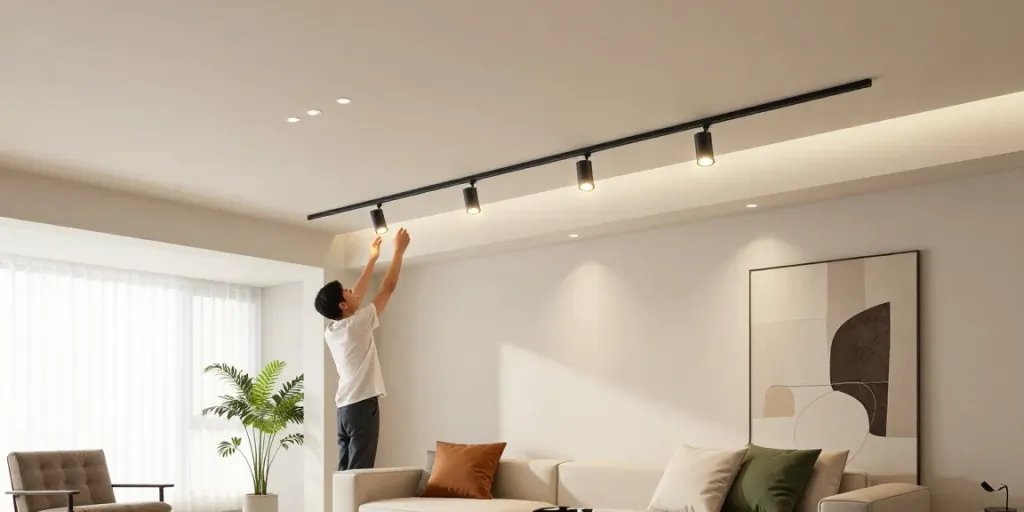 Instalare sina magnetică încastrată cu spoturi LED în living modern, design elegant.