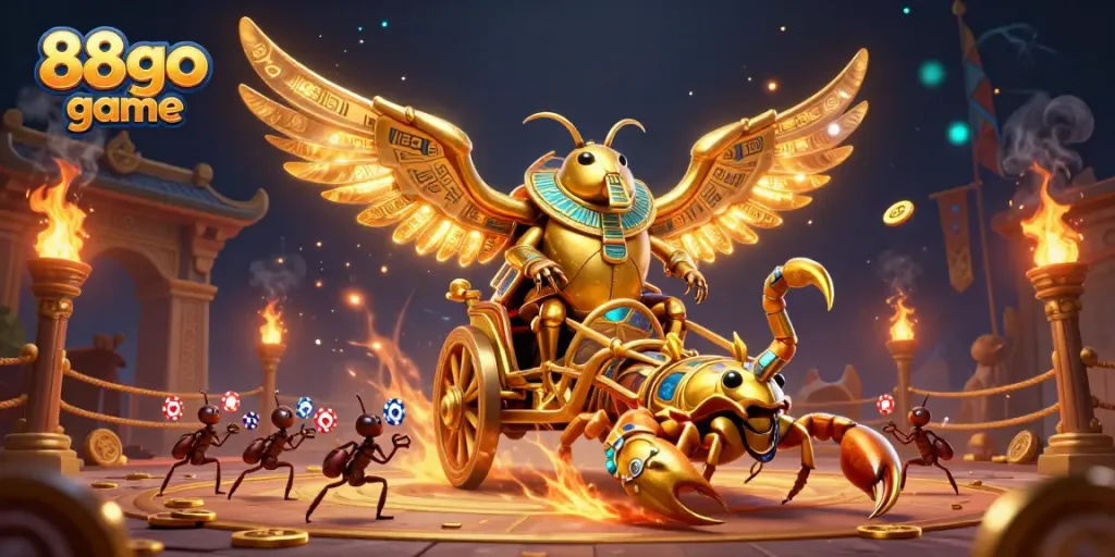 Engage players in the 88go game featured a stunning scarab beetle and scorpion chariot with casino elements.