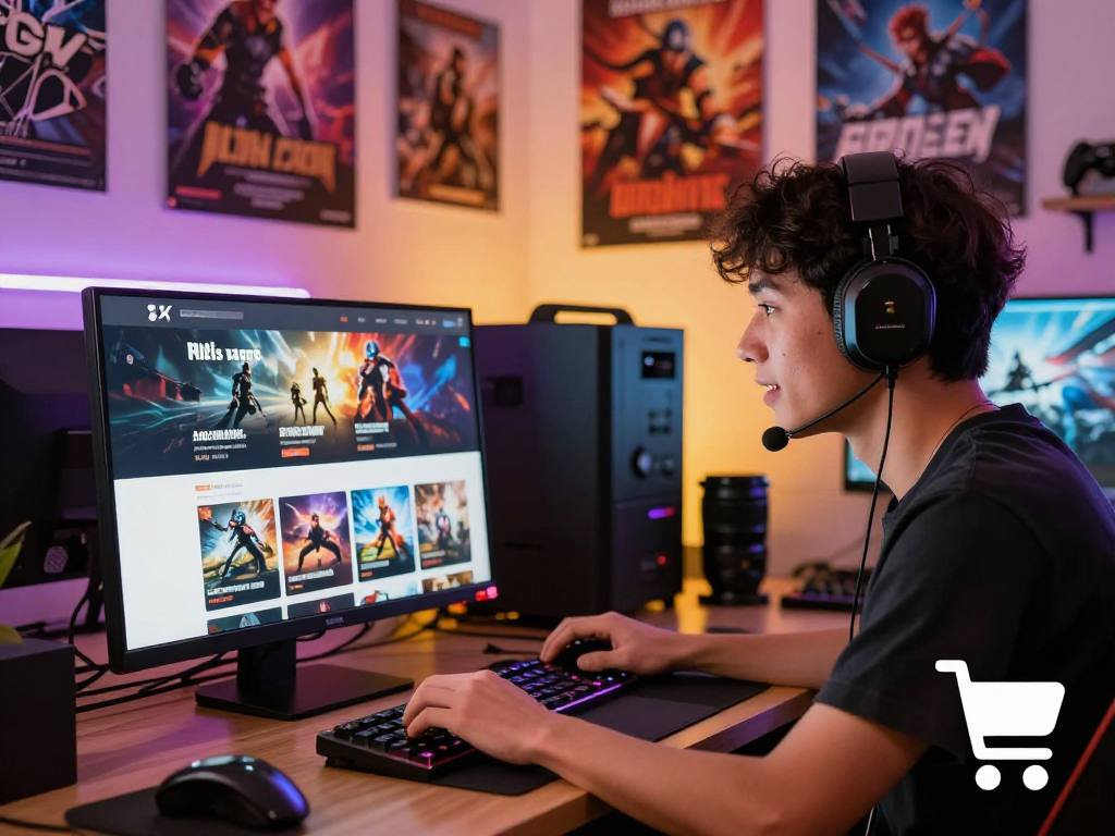 Shop online at rokok88 for the latest games in a vibrant gaming setup.