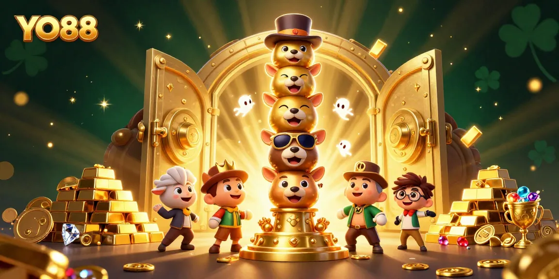 Experience the excitement of YO88 with a vibrant 3D illustration showcasing a cartoon totem pole and casino treasures.