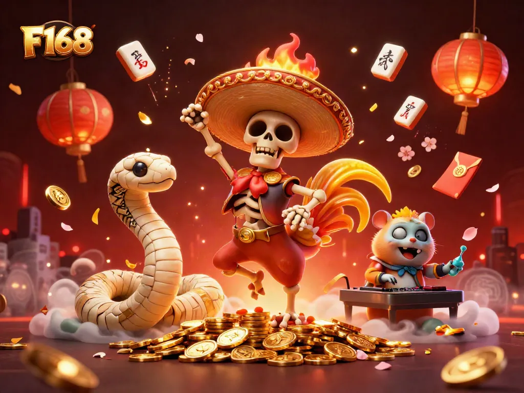 Experience F168 with vibrant casino characters and festive elements in an immersive game atmosphere.
