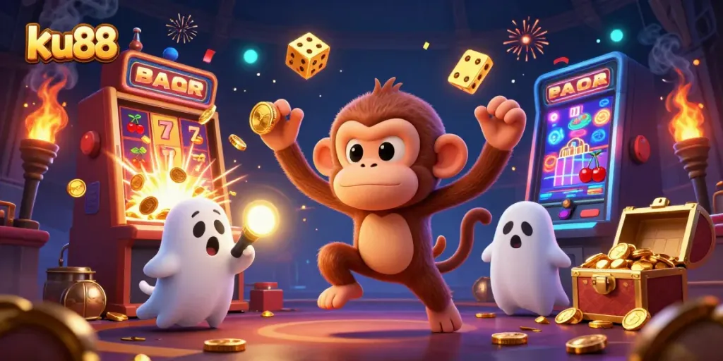 ku88 showcases a poltergeist monkey juggling coins in a vibrant casino setting, highlighting excitement in gaming.