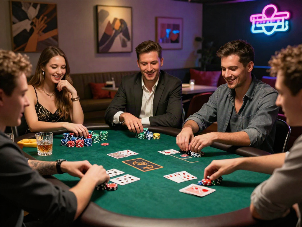 Friends enjoying a poker game at a stylish lounge, emphasizing rokok88 gaming excitement with drinks and vibrant ambiance.