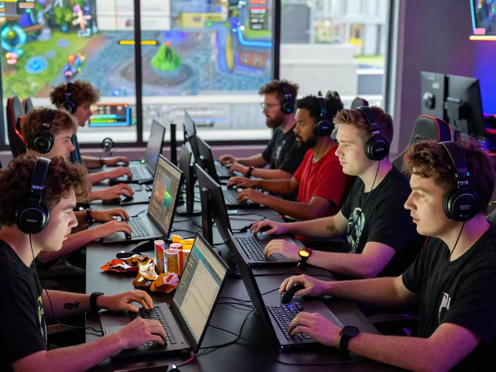 Players immersed in ROKOK88 login gaming experience, surrounded by vibrant digital elements.