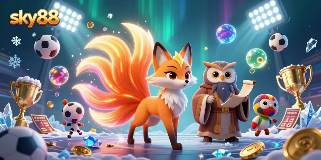 Experience winning with sky88 featuring vibrant characters, glowing casino elements, and sports dynamic action.