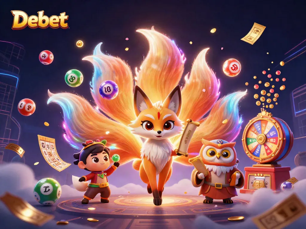 Experience vibrant gaming fun with Debet's nine-tailed fox spirit amidst a lively casino scene.