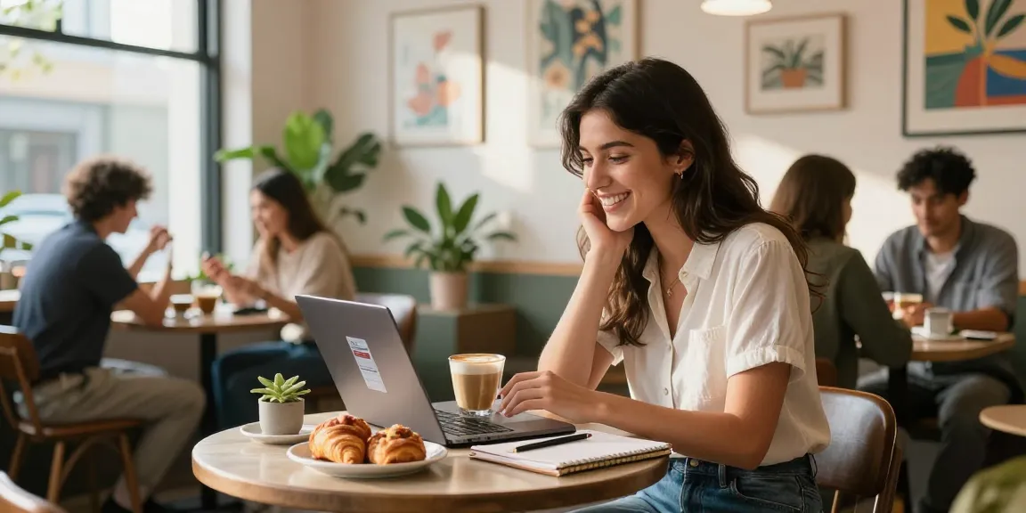 Young woman expressing joy while using dating app in café, exploring the crush on connections.