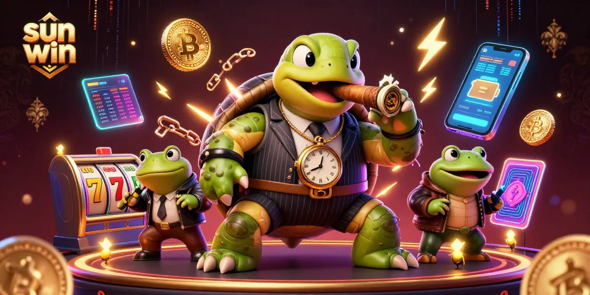 Experience thrilling gameplay at sun win with animated turtles and vibrant neon casino elements.