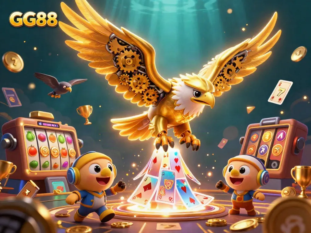 Engage with GG88's thrilling slot experience featuring a dynamic scene of a golden eagle diving through holographic cards.
