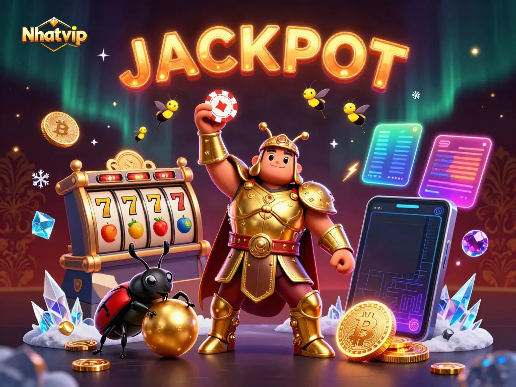 Nhatvip showcases a victorious beetle champion above poker chips in a vibrant casino scene.
