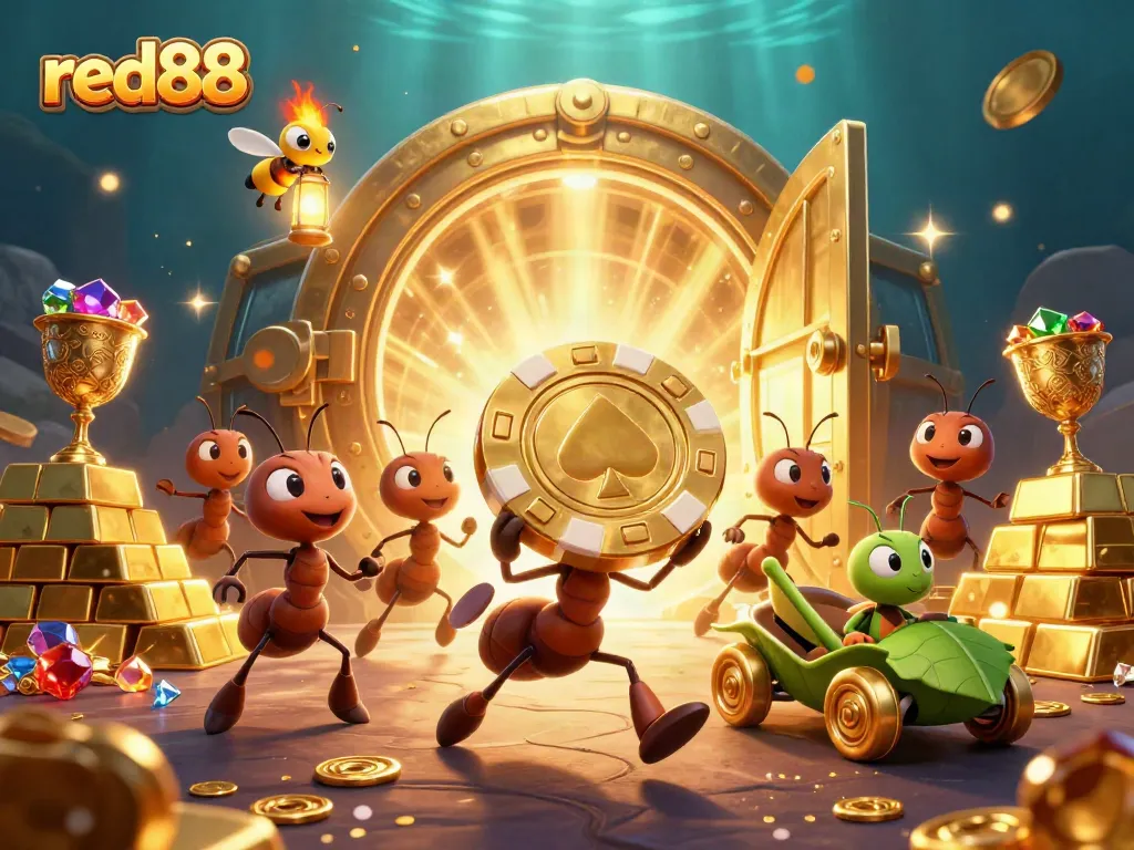 red88 experience thrilling casino adventures as cartoon ants carry a massive golden poker chip in a vibrant heist scene.