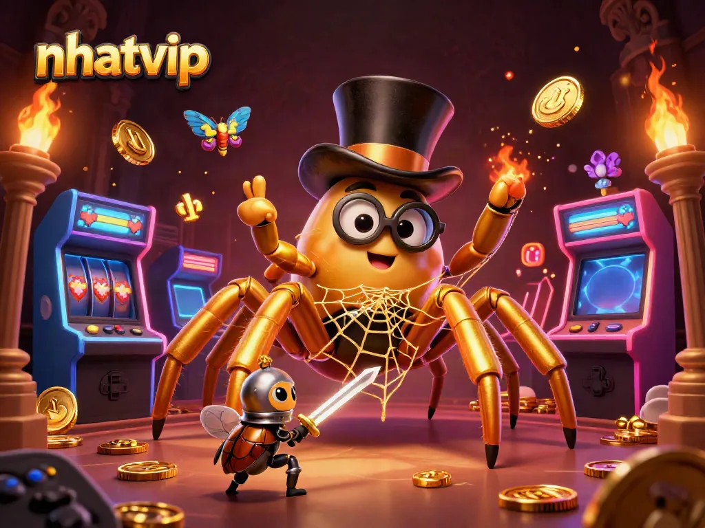Experience the thrill of nhatvip gaming with a golden tarantula and beetle knight in a colorful casino.