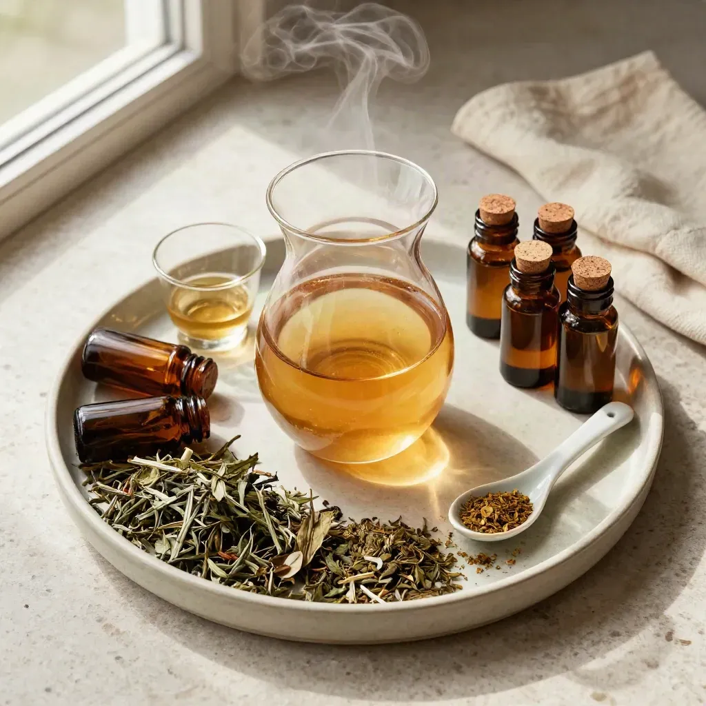 Top-down tea ritual flatlay with amber bottles, carafe, infuser, spoon and rising steam.