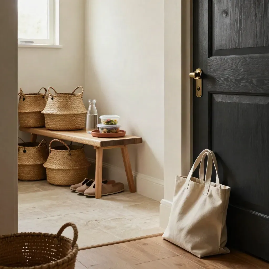 Calm family entryway with baskets, shoes, carafe, lunch boxes and a folded tote by the door.