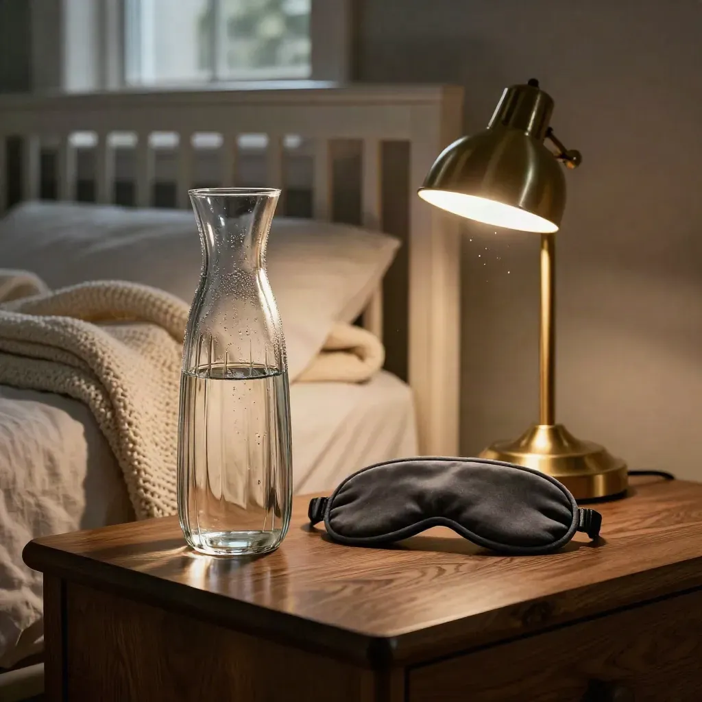 Bedside sleep routine with water carafe, folded blanket, sleep mask and lamp beside a crib edge