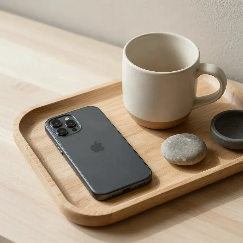 Face-down phone, ceramic mug, key dish and stone on a pale wood tray, top-down wellness still life.
