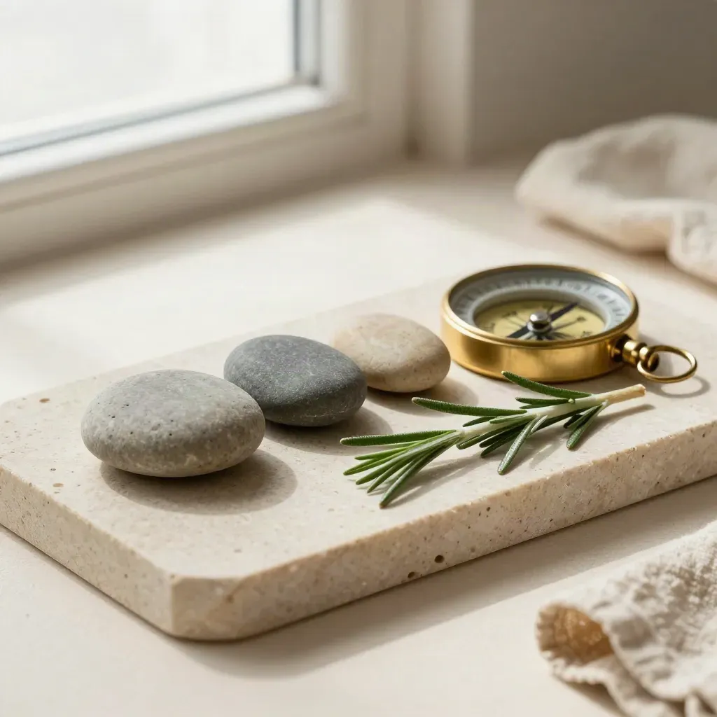 River stones, brass compass and rosemary on a pale stone tray.
