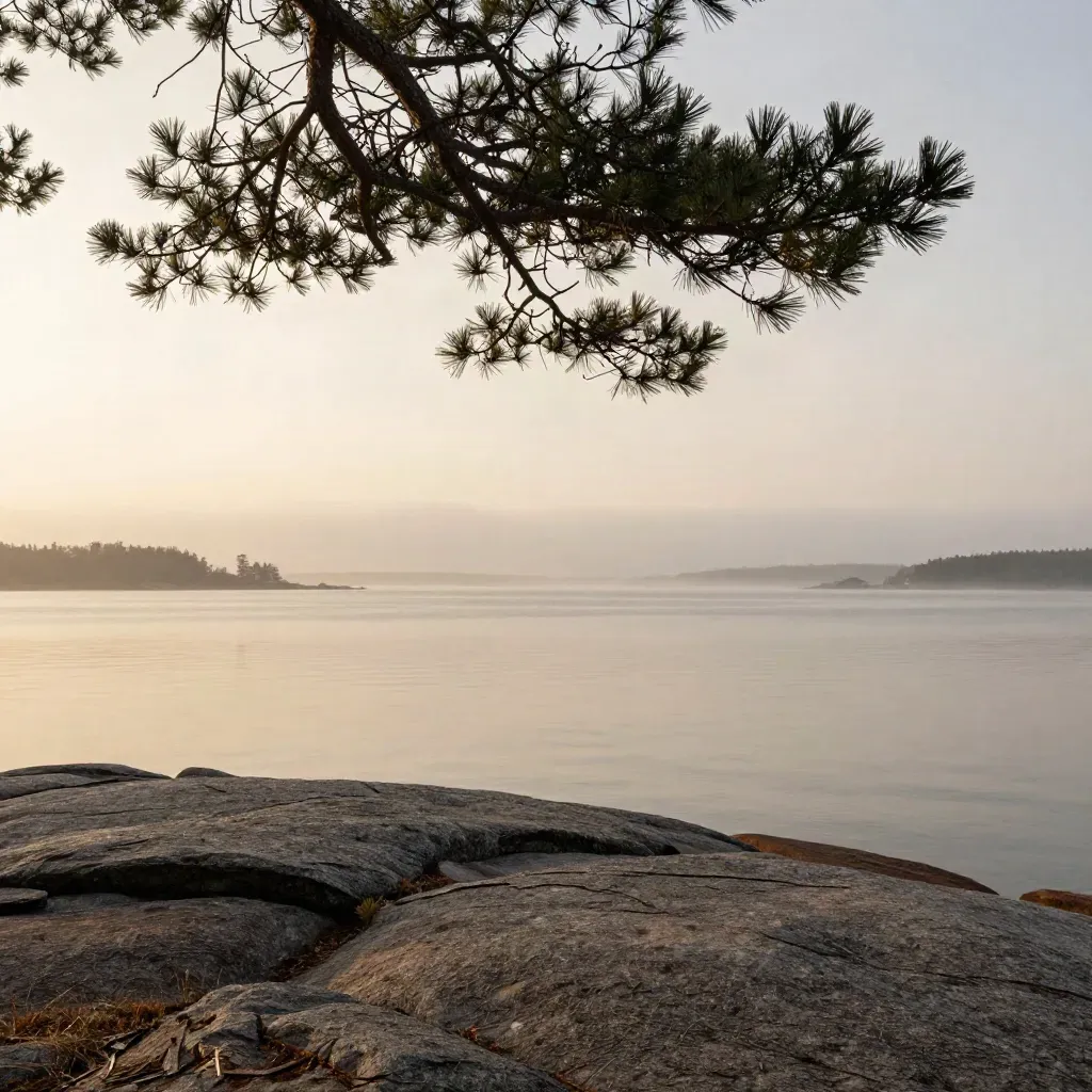 Stockholm granite shore with pine fringe and misty pale water at sunset