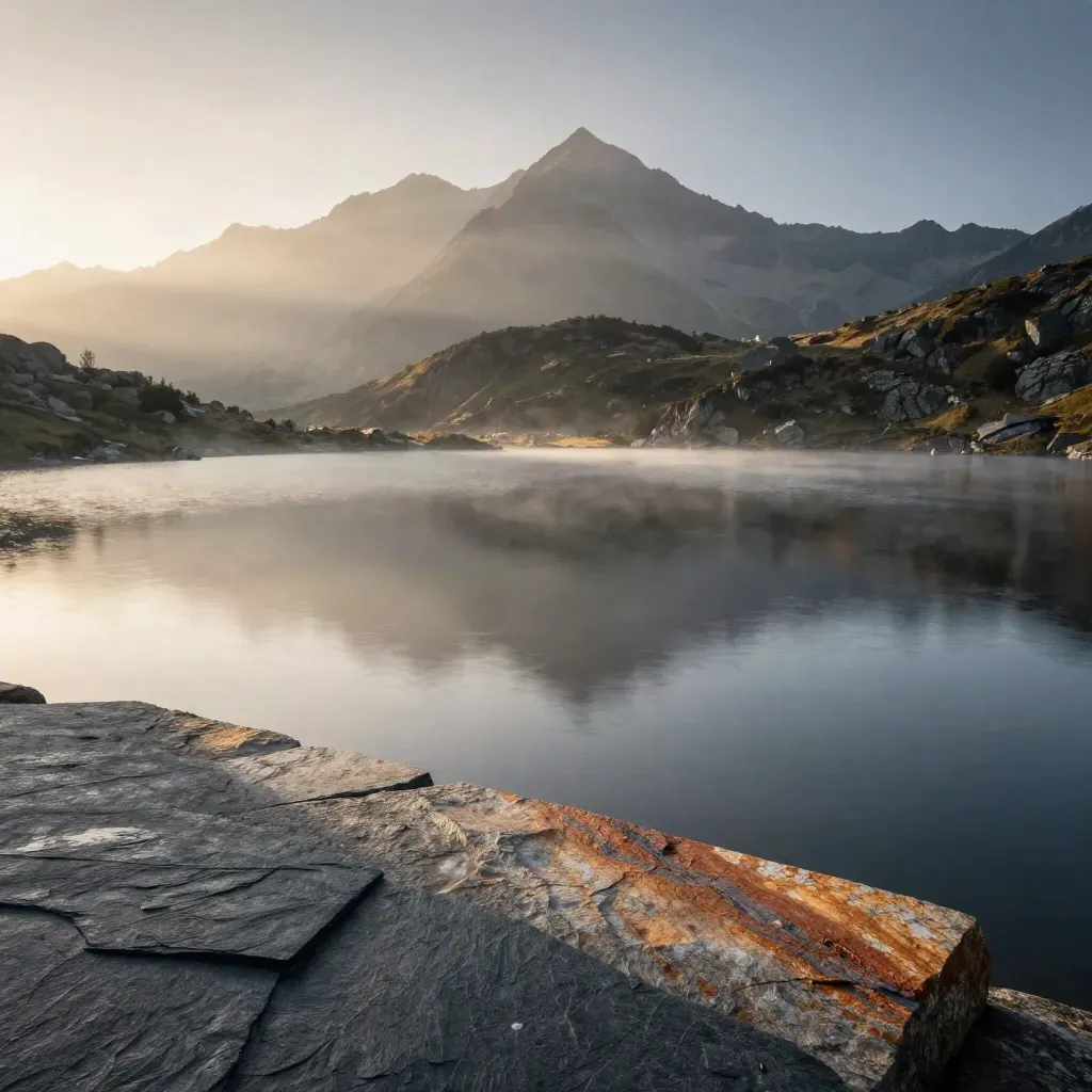Sunrise alpine lake with misty peaks and a terracotta stone shore under calm water.