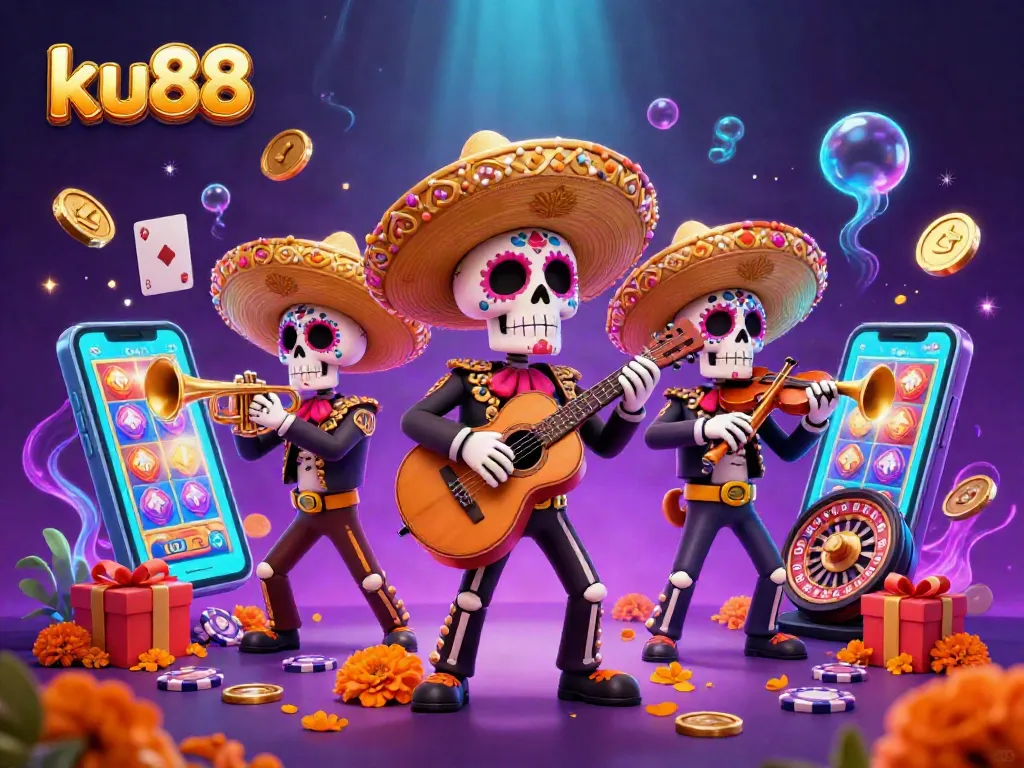 Experience top slots action at ku88 with vibrant 3D mariachi skeletons in a festive gaming scene.