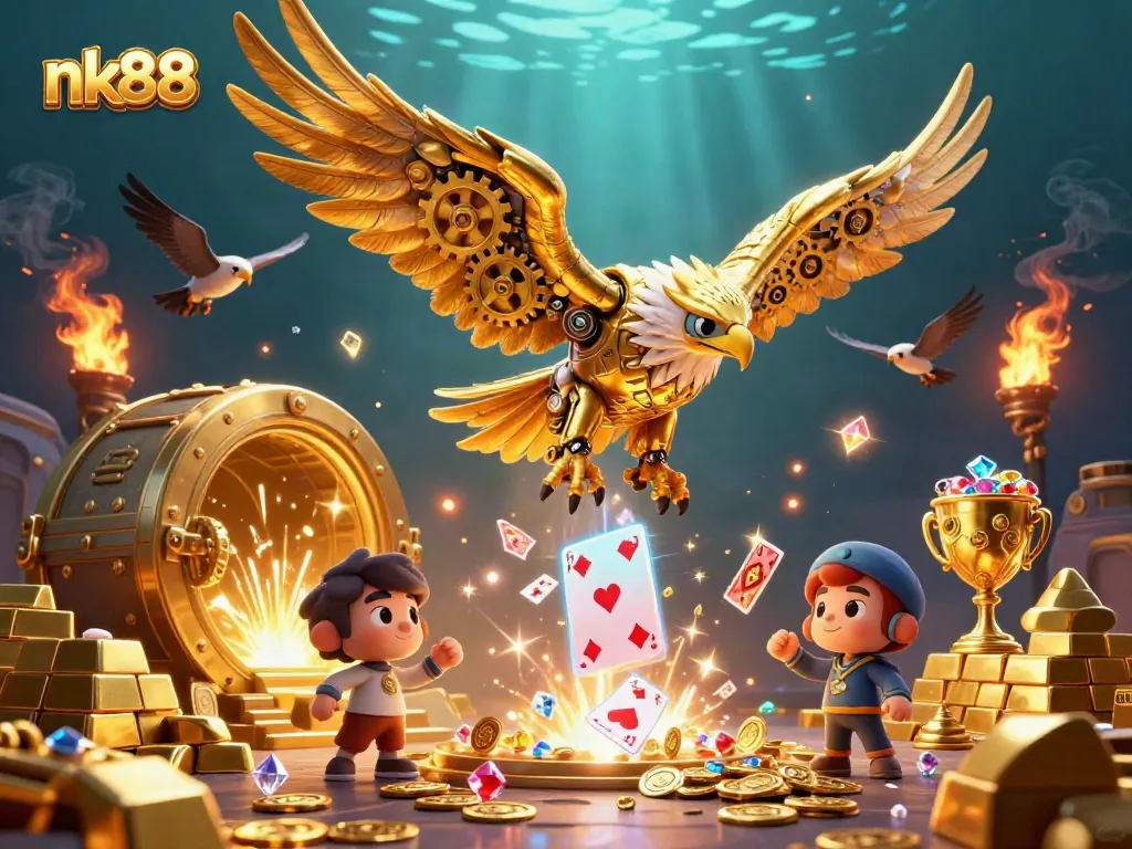 Embark on your adventure with nk88 as a golden eagle dives through playing cards amidst dazzling casino treasures.