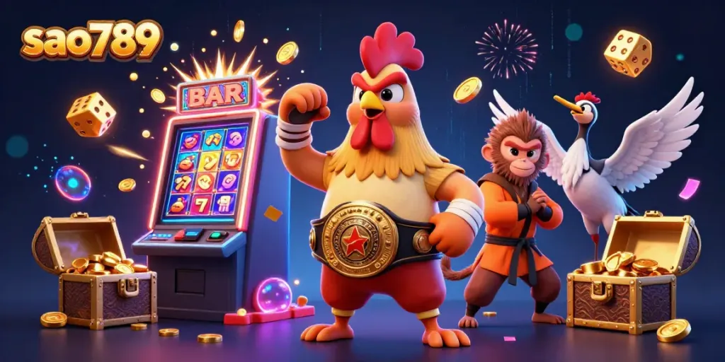 Sao789 brings excitement to gambling with vibrant 3D characters and a jackpot filled slot machine.