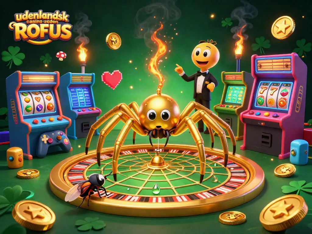 Engage with udenlandsk casino uden ROFUS while the golden spider spins a roulette-themed web in a vibrant 3D scene.