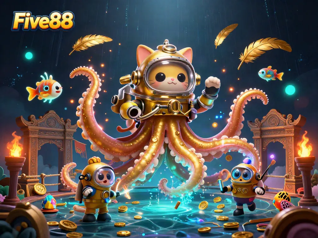Experience thrilling wins at Five88 with a 3D kraken, diving cat and vibrant casino elements.