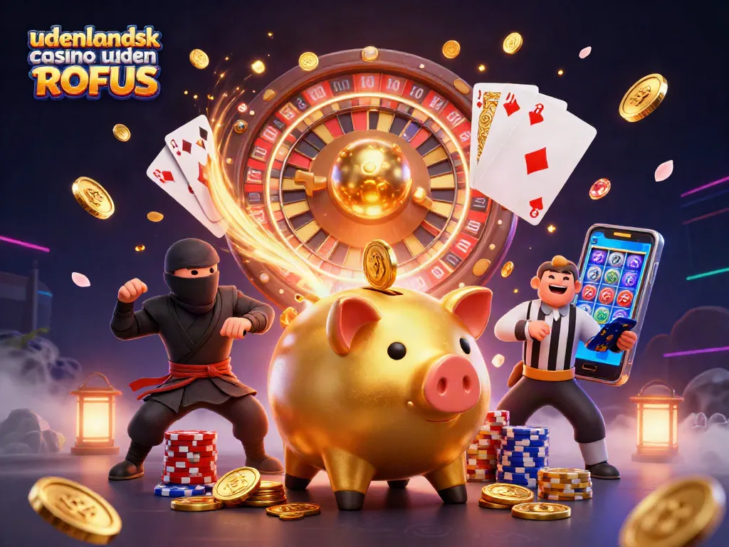Experience the thrill of udenlandsk casino uden ROFUS with a sumo wrestler piggy bank stomping coins in a vibrant 3D scene.