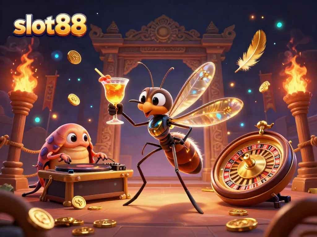 Engage with slot88 and win big at the vibrant casino illustration featuring a playful mosquito mascot.