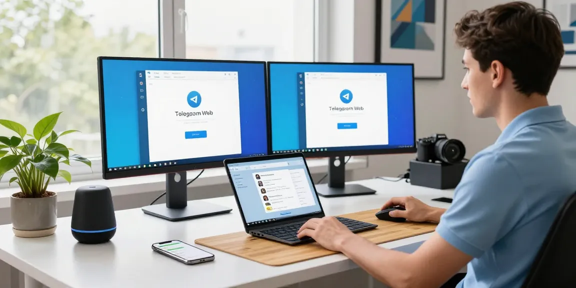 Professional developer using Telegram Web Version in a modern office workspace