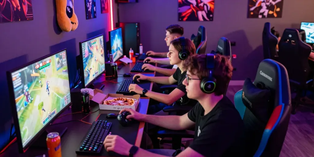 Exciting gaming session showcasing rokok88 alternatif with friends in a vibrant lounge.