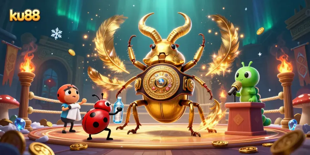 Join the thrilling action at ku88, where a giant golden beetle and friends battle in a vibrant casino arena