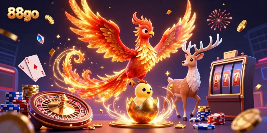 Experience thrilling gameplay with 88go's vibrant casino world featuring a phoenix and dynamic slot elements.