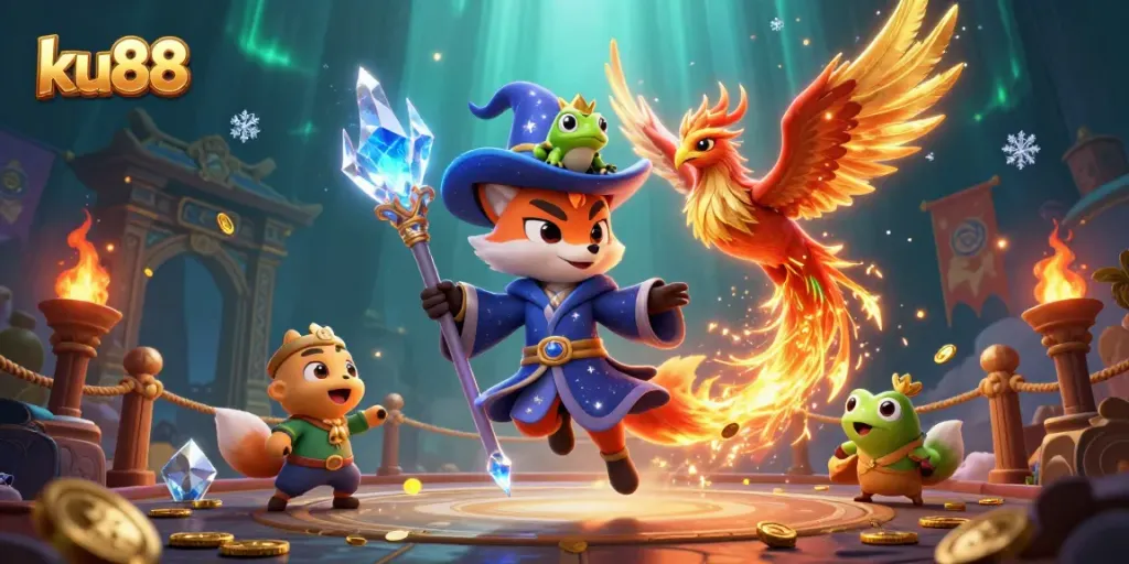 Experience thrilling gameplay at ku88 with a mystical fox wizard and phoenix in an enchanting casino scene.