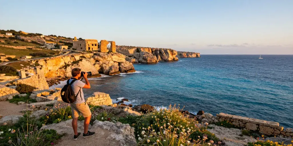 Gozo tours with traveler at sunset capturing scenic coastal views.