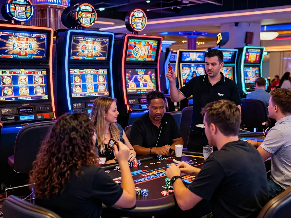 Players enjoying slots that accept credit cards in a lively casino atmosphere with colorful lights and dynamic screens.