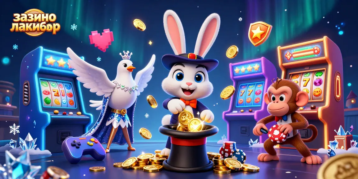 Engage in казино лакибир with a vibrant 3D illustration showcasing a magician rabbit, shimmering coins, and festive gaming elements.