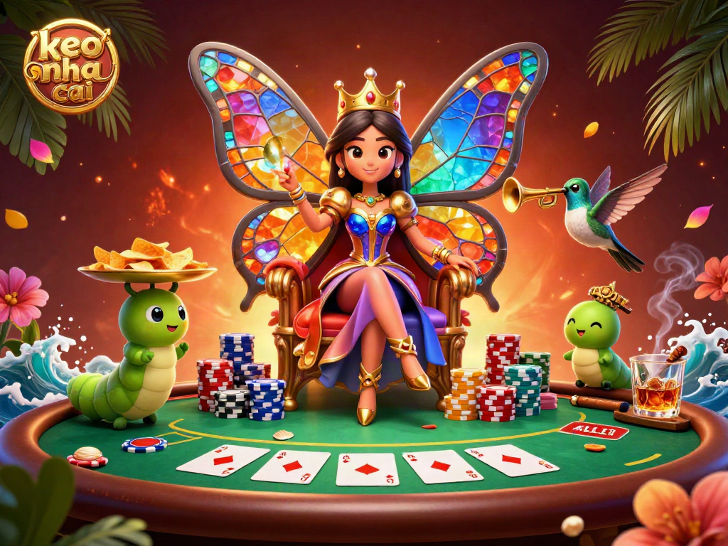 Experience the vibrant action of keo nha cai with a dazzling butterfly queen amid poker chips and cards.