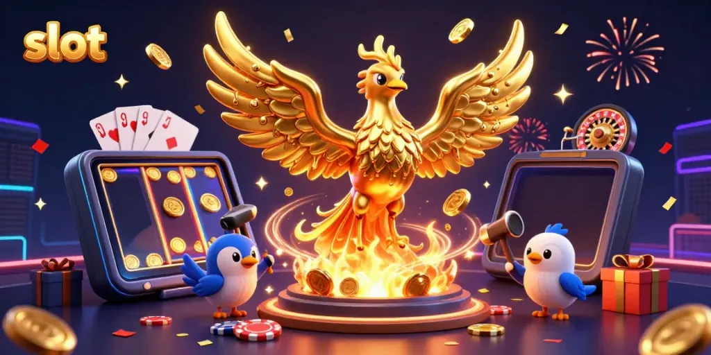 Experience the excitement of slot games with a golden phoenix and dynamic casino elements